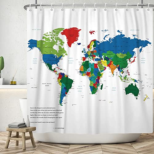 ASDCXZ Tenda da doccia con mappa del mondo, 180 x 200 cm, moderna, semplice, colorata, mappa del mondo, bianca, lavabile, in poliestere, impermeabile, per vasca da bagno con 12 ganci