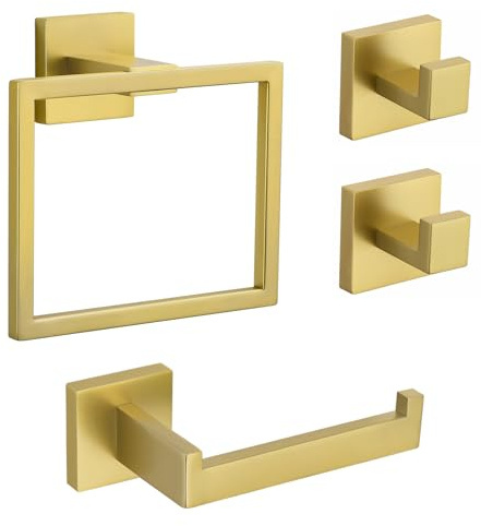 TURS Brushed Gold 4 Pieces Bathroom Accessories Set,Concealed Screw Fixing | Towel Ring Contemporary Style SUS304 Stainless Steel Bathroom Accessories Hardware Set Concealed Screw Mounting