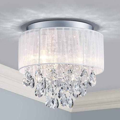 SHRINE Lustre en cristal, design moderne, plafonnier pour pièces à vivre, D33 x H28cm, douilles E14*3 (ampoules non incluses), abat-jour en tissu blanc & cadre finition chrome.