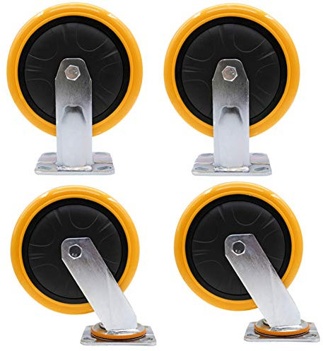 4 × Möbelrollen, robuste Industrie-Transportrollen, orangefarbene Polyurethan-Rollen, Lenkrolle/Bockrolle/Bremsrollen, (4 Stück feste + 4 Stück drehbare 150 mm/6 Zoll)