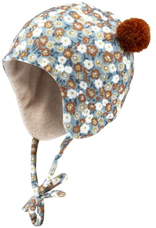 Sterntaler Inka Mütze mit Millefleurs Druck - Mädchen Babymütze mit angeschnittenen Ohrenklappen und Bindeband, gefüttert mit Baumwollfleece - Mütze mit Bommeln - dunkeltürkis, 39