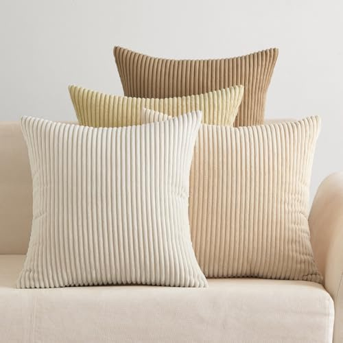 EMEMA Kissenbezug 50x50 Kordsamt Beige Serie Sofakissen 4er Set | Dekokissen Kissenbezüge Kord Kissenhülle Zierkissenbezug Dekorative Cord Kissen Weiche für Sofa Wohnzimmer Schlafzimmer