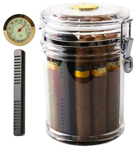 SaiDuoDuo Caja de puros con humidor de acrílico, frasco humidor de puros de viaje portátil con humidificador e higrómetro, estuche para puros con capacidad para 18 cigarros,Clear