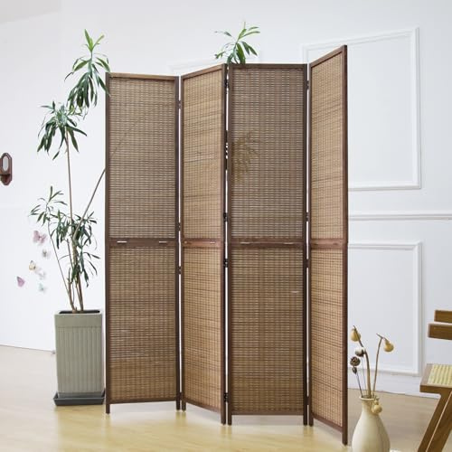 Furnnylane 4 Panel Detachable Room Divider, 5.6 ft Tall Two in One Bamboo Privacy Screen (Converts into 2 Low Dividers), Folding Panel Divider for Room Separation, Natural Brown (67 H x 61.4 W)