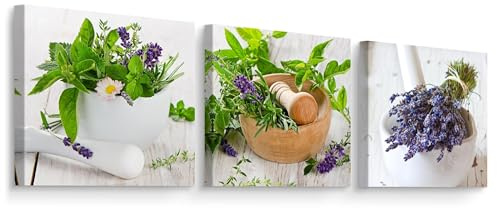 Muralo Wandbilder 3er-Set, Frische Kräuter, Lavendel, Kunstdruck - 30x30 cm | Leinwandbild, Modernes Design, Aufhängefertig, UV-beständig - ideal für Küche, Ein echter Hingucker in jedem Zuhause