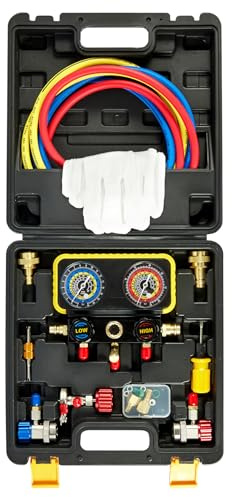 CarBole R1234YF Kältemittel-Verteiler-Messgeräteset für R1234YF R134A R404A, A/C-Verteiler-Messgerät-Set mit 1,5m (5ft) Klimaanlage Füllschlauch, Sicherheitsventilund Aufbewahrungskoffer