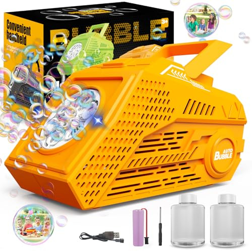 Bombble Automatische Seifenblasenmaschine, Bubble Machine 20000+ Blasen/Min mit Seifenblasenwasser/26 Löchers/2 Blasengeschwindigkeit/Licht, Geschenk für Kinder Hochzeit/Geburtstag/Bühne/Party