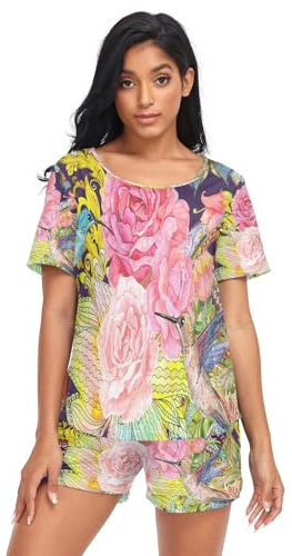 HMZXZ Damen Schlafanzug-Set Blüten Kolibri Blume Sommer Pyjama Woman Set,Frühling Sommer Loungewear und Shorts Lounge Set Sleepwear Nachtwäsche