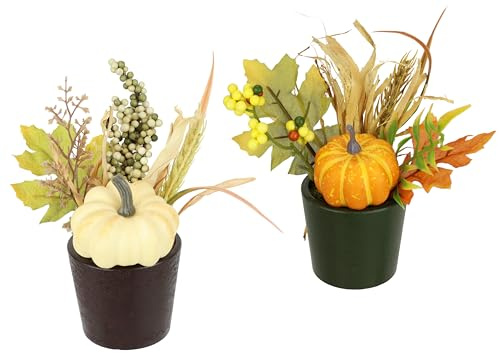 Herbstdeko Arrangement im Topf 2er Set – Künstlicher Kürbis mit Beeren & Herbstlaub – Herbstliche Tischdeko mit Kunstpflanzen – Dekoration für Wohnzimmer, Fensterbank & Tisch – 18 cm