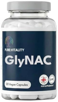 Pure:Vitality GlyNAC - 120 Capsules, 1200mg GlyNAC (600mg Glycine & 600mg N-Acetylcysteine) per Serving, High Strength Glutathione Supplement, Vegan GlyNAC for Healthy Ageing