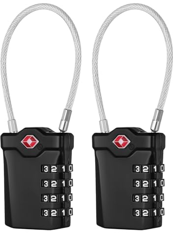NAGE TSA Approved Luggage Locks with Open Alert Indicator (Black, 2 Pack) | Suitcase Padlock with Flexible Cable, White Code 4 Digit Luggage Locks for Suitcases, Briefcase, Travel Lock, Tent Lock
