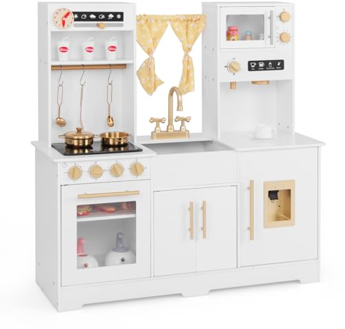 GYMAX Set da Cucina Giocattolo per Bambini, Cucina in Legno con Forno, Lavatrice, Microonde, Distributore d'Acqua, Telefono, Suoni e Luci Reali, Cucina Giocattolo per Bambini di 3+ Anni (Bianco1)