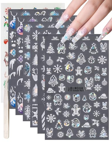 Nagelsticker Weihnachten-7 Blatt Nail Art Sticker Selbstklebend Nagelaufkleber und 1 Pinzette, Winter Aurora Schneeflocke Lebkuchenmann Elch Schneemann Dekoration Nageldesign Zubehör Stickers-H