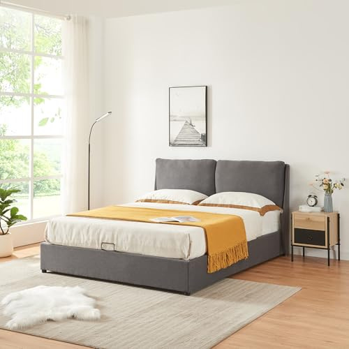[en.casa] Polsterbett Lunner 140 x 200 cm Doppelbett mit Stauraum gepolstert Stauraumbett Bettgestell mit Lattenrost und Bettkasten gepolsterstes Kopfteil Dunkelgrau