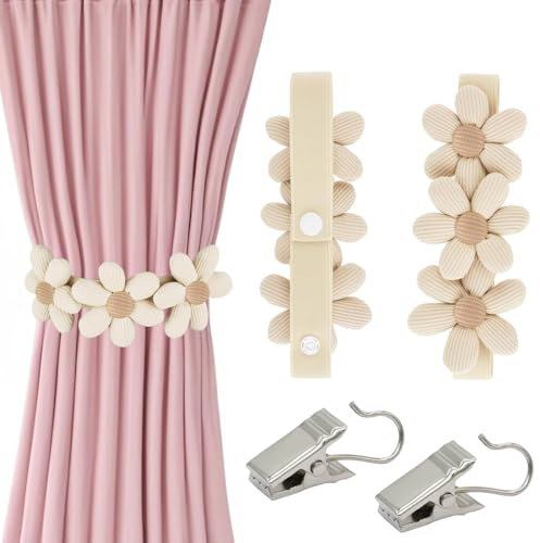 NHQZ 2 Pezzi Ferma Tende con Disegno Floreale, Con due ganci fissi, Fermatenda Elasticità Regolabile Ferma Tenda per Tende Oscuranti Spesse, Tende, Tulle Tende da Doccia Tende in Tulle (Beige)