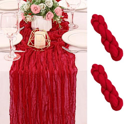 Lot de 2 chemins de table en étamine, rouge, 305 cm de long, style bohème, rustique, transparent, romantique, pour fête prénuptiale, fête prénatale, fête de mariage, anniversaire, vacances, décoration