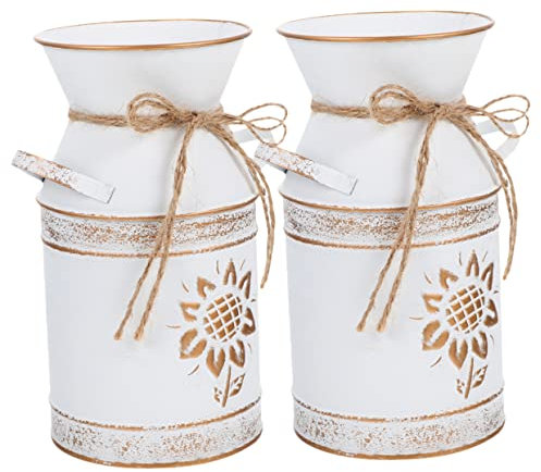 ABOOFAN 2pcs Vintage Milk Pot Flowerpot White Iron Rustic Chic Vase for Flower Arrangement for Farmhouse Home Decor