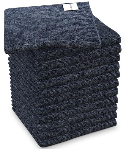 PORTENTUM Microfibre Cloths, Set of 12, Dark Grey - Multipurpose Cleaning Cloths of 360 g/m2 for Car, Glass, Kitchen and Bath, Washable and Non-Abrasive, 12.6 x 12.6 in