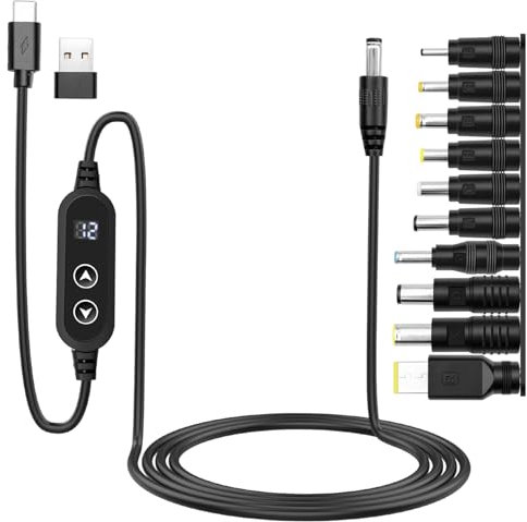 Hoembpn PD & USB auf DC 5.5x2.1mm Adapterkabel - 5V/9V/12V/15V/20V Einstellbare Spannung, mit 10 DC Steckern + Typ-C auf USB Adapter, Geeignet für Laptops, Router & mehr (1,2M)