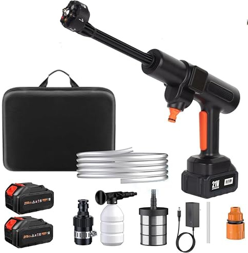 TOPALL Hidrolimpiadora Bateria Portatil,Press & Clean Pistola Lavado,Máximo 45Bar/652PSI,Pistola de Agua a Presión con Batería de 2*4.0Ah | Manguera de 8.5M | 6 en 1 Boquilla |Giratoria Boquilla,TP-06