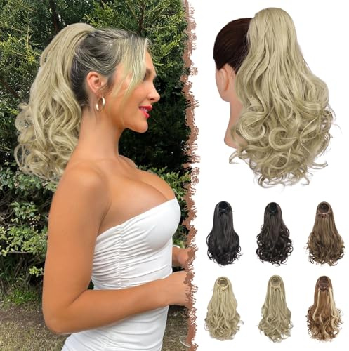 FESHFEN Zopf Pferdeschwanz Haarextension mit kordelzug, 38 cm Wellig Lockig Synthetik Haarverlängerung Clip in Haarteil Ponytail Kunsthaar Haarzopf für Damen, Aschblond