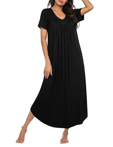 Ekouaer Long Nightgowns for Women Short Sleeve House Dress with Pockets Mumu Dress,Black,XXL