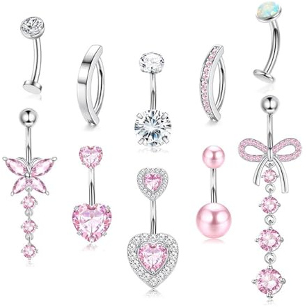 XFSRG 10 Pièces 14G Piercing Nombril Acier Inoxydable Chirurgical Anneaux de Nombril Long Dangle Court Piercings Bijoux pour Femmes 10mm (Rose)