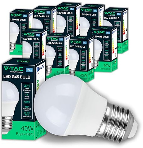 V-TAC 10x Lampadine LED G45 - [ Massima Efficienza 4,5W ] - E27 - (Equivalenti a 40W) - 470 Lumen - 10 Pezzi - Lampadina LED Piccole a Risparmio Energetico - Luce Bianca Naturale 4000K