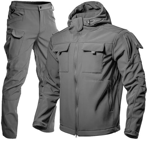 Men's Tracksuit Set, Tactical Suit, Tactical Jacket and Trousers, Two-Piece Waterproof Army Combat Suit Sets, Tactical Camouflage Clothing for Hunting, Combat Jacket + Trousers, Fishing Suit, gray, M