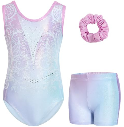 Gogokids Ärmelloses Gymnastiktrikot-Set für Mädchen, dreiteilig mit Shorts und Haargummi, Kinder Gymnastik Outfits mit Aushöhlen & überkreuztem Design, Glitzer Ballett-Einteiler für Alter 3-12
