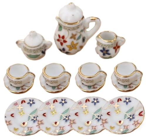 AZIDWERYQ Mini Juego de té Juego de té en Miniatura de Porcelana a Escala 1: 12 con Mini Tazas, Plato y Tetera para Accesorios de casa de muñecas en Miniatura