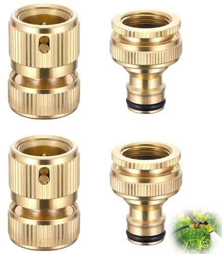 4 Stück Messing Schlauchanschluss 1/2 Zoll & 3/4 Zoll 2-in-1 Gartenschlauch Schnellverbinder Schlauchkupplung Wasserhahnanschluss Adapter für Küche Garten Outdoor Schlauch Rohr Werkzeug