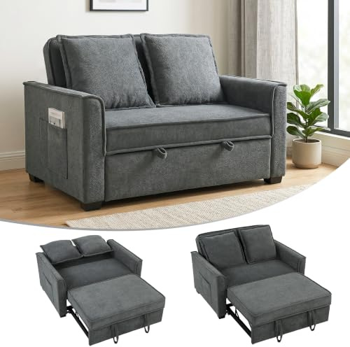 HOMCOM Sofá Cama 2 Plazas 3 en 1 Respaldo Ajustable Gris Oscuro | Sofá Cama Tejido Rizo, 3 Niveles, Bolsillos Laterales, 2 Almohadas con Fundas Extraíbles, Sala de Estar, Espacios Pequeños
