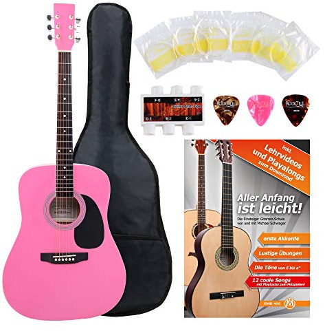 Classic Cantabile WS-10PK Westerngitarre Starter-Set (Dreadnought-Style, 6 Saiten, 20 Bünde, inkl. Zubehörset, Gitarrentasche, Notenheft, Saiten, Plektren) pink