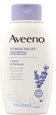 Aveeno Stress Relief Body Wash with Soothing Oat, Lavender, Chamomile & Ylang-Ylang Essential Oils, Dye- & Soap-Free Calming Body Wash for Shower Gentle on Sensitive Skin, 12 fl. oz