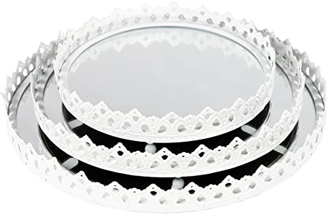 DRULINE 3tlg. Set Spiegeltablett - Tablett - Dekotablett - Make up Organizer - Kerzentablett – Schmucktablett – Kosmetiktablett Ø 20/26/29 cm - Metall weiß/Spiegel - Geschenkidee