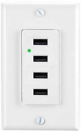 LEOD 4.2A Output High Speed 4 USB Port Charger Wall Outlet and LED Blue Indicator Light with 2 TypesWall Plates(Standard and screwless Included), USB Outlet with 4 USB Port, White,UL Listed[1 Pack]