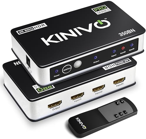Kinivo HDMI Switch 4K HDR 350BN (3 in 1 Out, 4K 60Hz HDR, HDMI 2.0, High Speed 18Gbps, IR Remote, HDCP) - Compatible with PS5, Xbox, Nintendo Switch, Cable Box