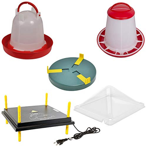VOSS.farming Kükenaufzucht Komplettset für bis zu 35 Küken, 40x40cm Wärmeplatte mit Temperaturregler und Abdeckung + Tränke + Futterautomat + Tränkenwärmer, effiziente Heizleistung, robust, Aufzucht