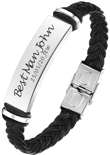 EDSG Personalised Mens Bracelet | Leather Engraved Bracelet Gift for Boyfriend Husband Dad Bestman | Gift for Christmas, Birthday, Wedding, Anniversary, Father's Day | Customised Name