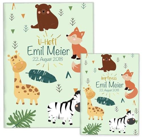 Cozy Racoon U-Heft- und Impfpasshülle mit Personalisierung | 3- teiliges Set | Hochwertige Hülle für Untersuchungsheft und Impfpass Deines Kindes | Design Zebra & Giraffe