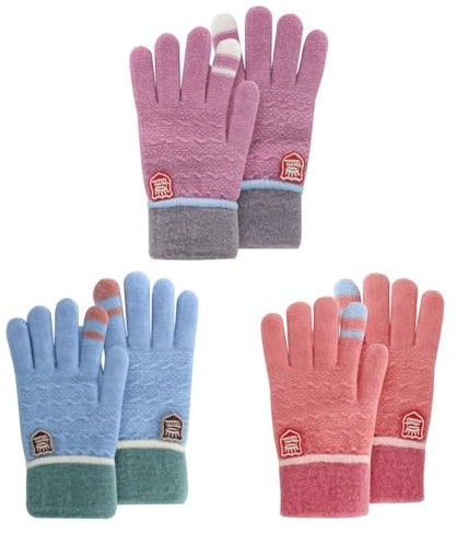 ORVINNER Kids Winter Gloves for Boys Girls, 3 Pairs Children Warm Wool Lined Gloves Toddler Thermal Knitted Mittens 4-12 Years, Pink/Light-blue/Purple (Crown Style)