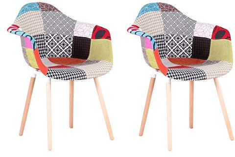 BenyLed Juego de 2 Sillas de Comedor, Sillas de Cocina con Apoyabrazos y Patas de Madera de Haya, Sillas Patchwork para Comedor, Salón, Dormitorio, etc. (Rojo)