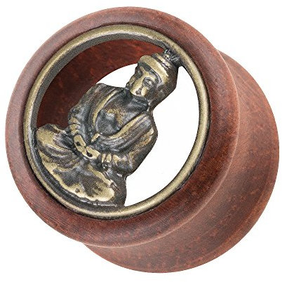 Taffstyle Ohr Plug Flesh Tunnel Piercing Ohrpiercing Holz Organic Double Flared mit Buddha Zeichen Inlay Gold Braun 26mm Buddha
