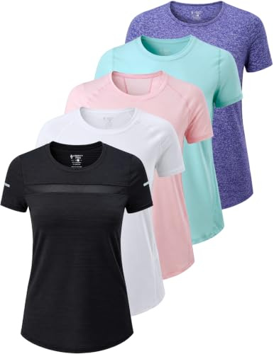 Liberty Imports 5 Pack Women's Dry Fit Workout Tops, Athletic Short Sleeve T Shirts for Yoga Gym (Available in Plus Sizes) (Set 2, Medium)