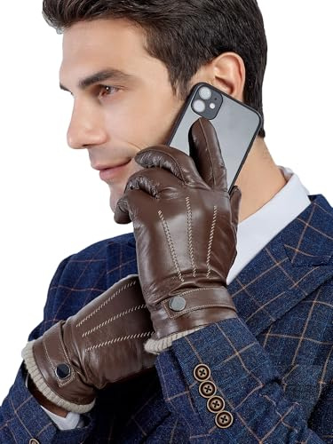 GSG SINCE 1998 Men's Genuine Leather Gloves, Warm Wool Lined Sheepskin, Touchscreen, Brown, Size S