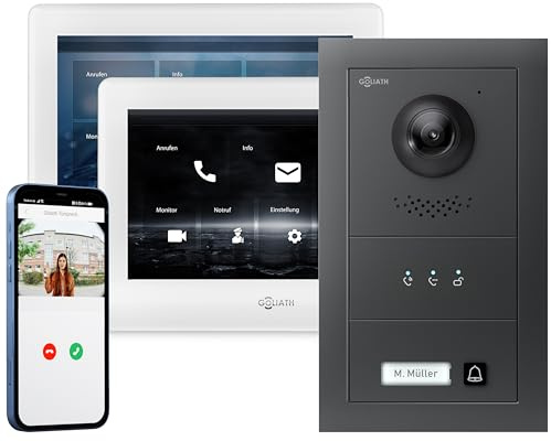 GOLIATH Full-HD Video Türsprechanlage, Unterputz Türstation in Anthrazit, 1 Familienhaus Set, 2X Touchscreen Monitor, 2 Draht Bus Gegensprechanlage, 2MP Kamera, 180° Weitwinkel-Kamera, AV-BUS-613