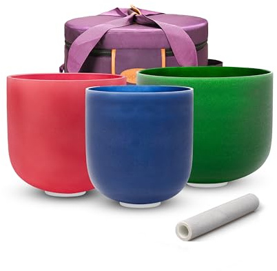 TOPFUND Chakra-Set mit 3 farbigen Kristall-Klangschalen, 15,2-20,3 cm, mit robuster Tragetasche und Gummihammer-Wildlederklöppel (15,2 cm, 17,8 cm, F, 20,3 cm)