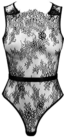 LOVE YOU SEXY Body transparent en dentelle pour femmes - dos ouvert et entrejambe réglable avec ceinture réglable, Noir, S