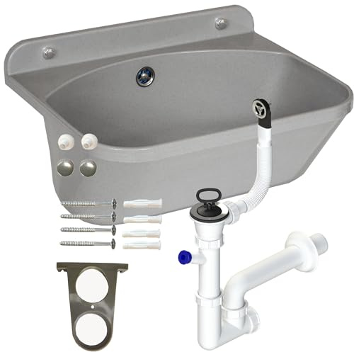 Waschbecken mit Siphon Ausgussbecken aus Kunststoff grau Granit Farbe, 45 cm Länge hängen Wasserinstallation Küche Badezimmer robuste Waschtrog